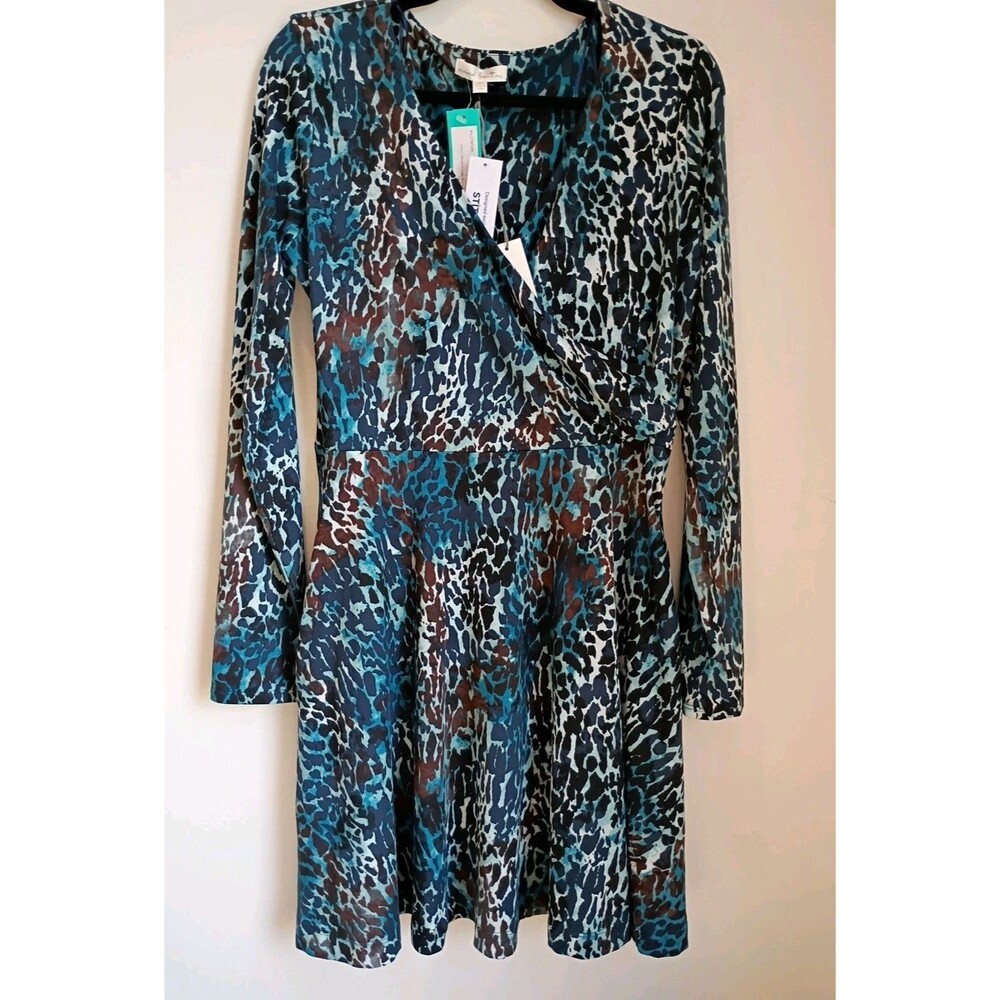 Nine Britton Quinn Long Sleeve A-line Dress  Large Wrap Pockets Stretch Animal